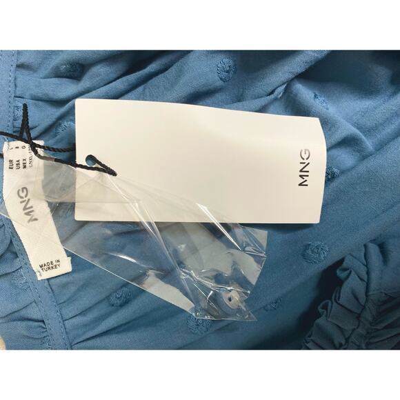 MNG Cotton Blue Smocked Puff Sleeve Maxi Dress NWT US 8 - Picture 12 of 12